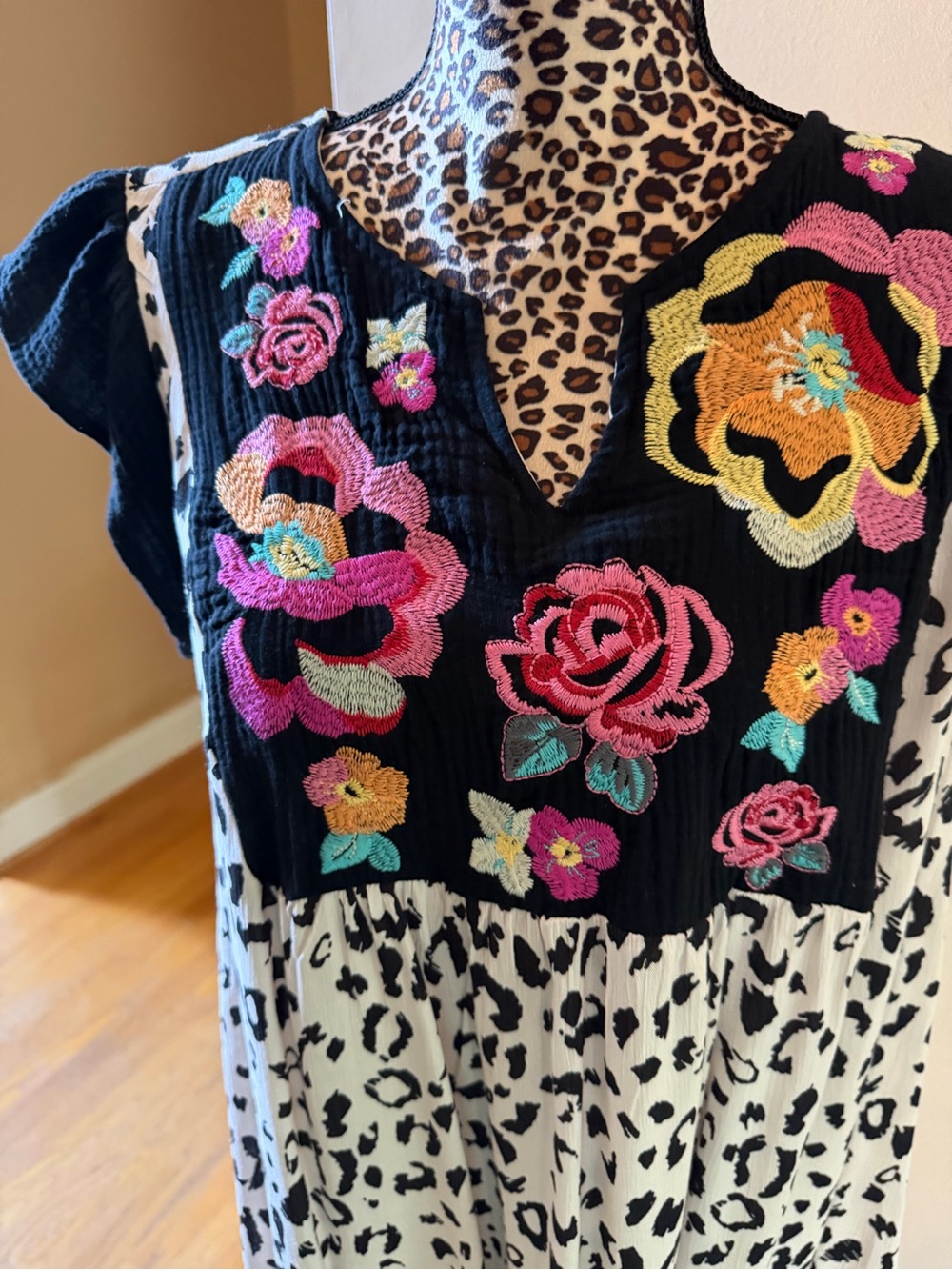 Savanna Jane Pink Leopard Print Dress with Black Embroidered Yoke - Picture 3 of 5